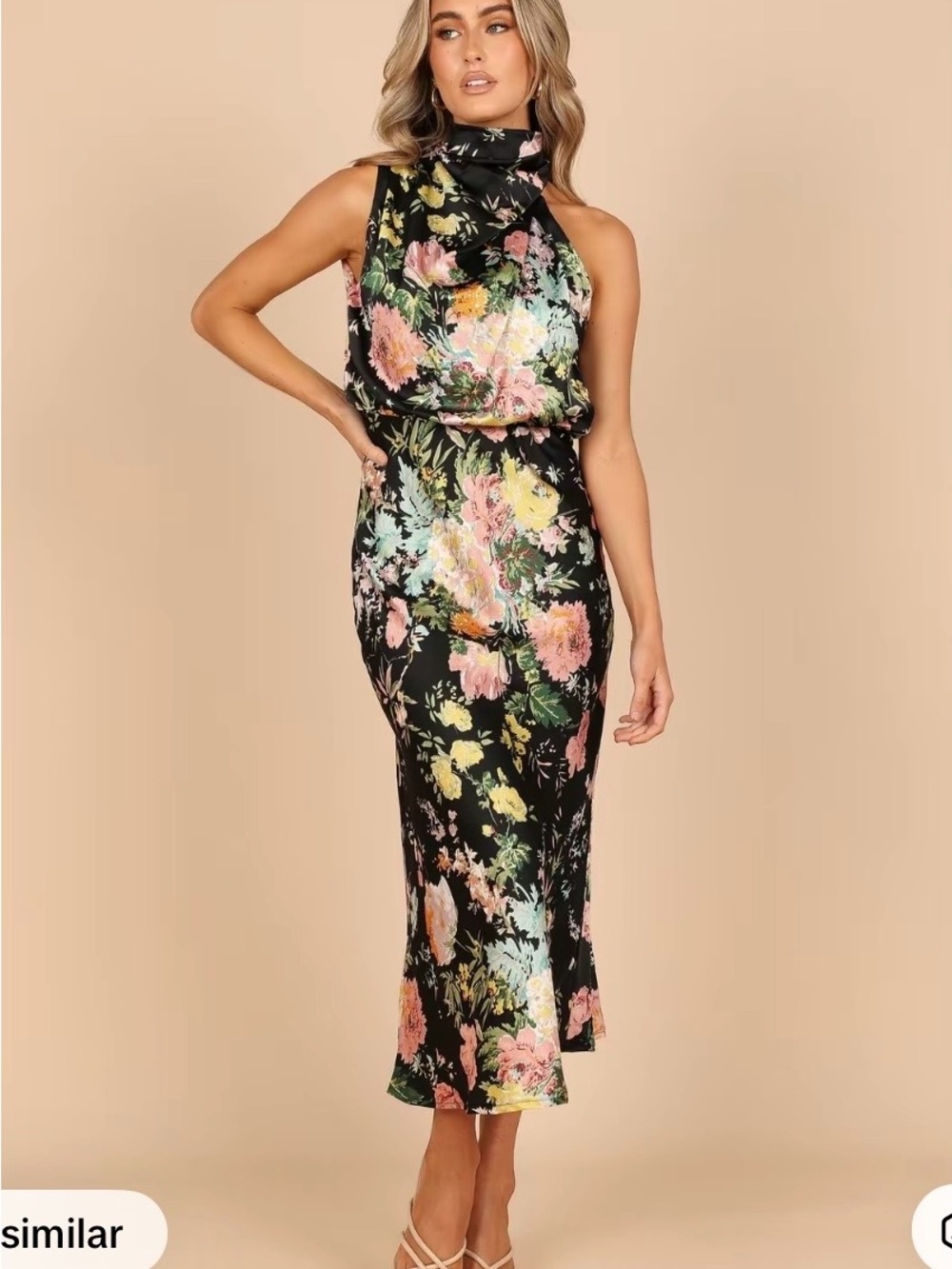 Petal & Pup Black Floral Halter Midi Dress with Pink & Yellow Blooms